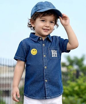 Babyhug Cotton Woven Half Sleeves Washed Shirt With Text Print - Blue