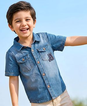 Babyhug Denim Woven Half Sleeve Washed Shirt With Text Embroidery - Blue