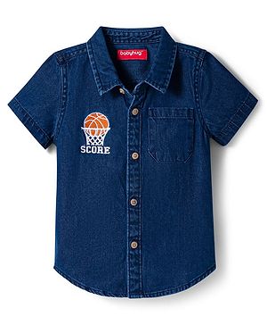 Babyhug Cotton Woven Half Sleeves Denim Shirt With Basketball Embriodery - Blue
