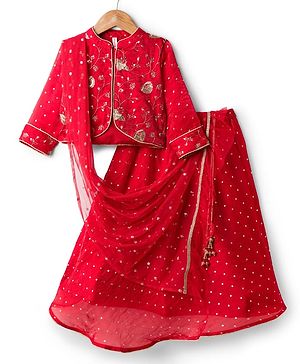 Babyhug Silk Woven Three Fourth Sleeves Choli Lehenga & Dupatta Set With Sequin Detailing & Floral Embroidery - Red