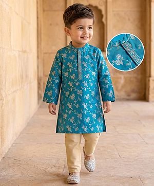 Babyhug Brocade Woven Full Sleeves Kurta Pyjama Set With Foil Floral Print - Teal Blue
