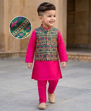 Babyhug Cambric Full Sleeves Kurta Pajama Set with Jacket & Floral Print - Fuchsia