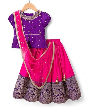 Babyhug Brocade Woven Half Puffed Sleeves Pattu Pavda Lehenga Set with Dupatta & Embroidery - Purple & Fuchsia