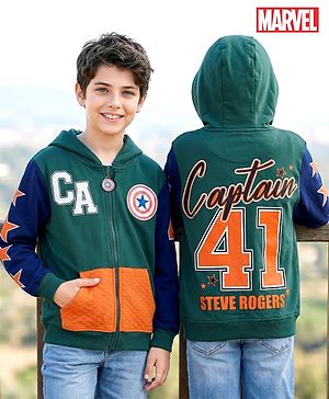 Pine Kids Marvel Terry Knit Full Sleeves Hooded Sweatshirt with Front and Back Avengers Graphics and Badge Detailing - Green