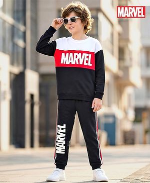 Pine Kids Marvel Terry Knit Oversize Drop Shoulder Full Sleeves T-Shirt and Joggers Set with Avengers Graphics - Black