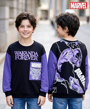 Pine Kids Marvel Terry Knit Full Sleeves Sweatshirt with Front & Back Black Panther Graphic - Black