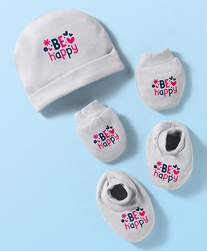 Simply Interlock Knit Cap Mitten & Booties Set with Text Print Grey - Diameter 10.5 cm