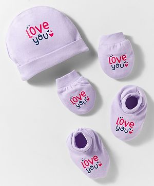 Simply Interlock Knit Cap Mitten & Booties Set with Text Print Lavender - Diameter 10 cm