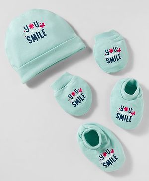 Simply Interlock Knit Cap Mittens & Booties Set with You Smile Text Mint - Diameter 10 cm