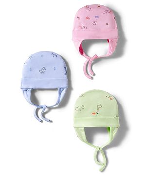 Simply Interlock Knit Caps with Knot & Animal Print Pack of 3 Pink Lime Green & Light Blue - Diameter 10 cm