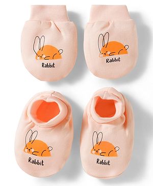 Simply Interlock Knit Mittens & Booties Set with Rabbit Print - Peach