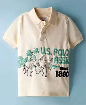 US Polo Assn Cotton Knit Half Sleeves Polo T-Shirt with Brand Text & Animal Print - Offwhite