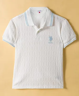 US Polo Assn Cotton Knit Half Sleeves Textured Polo T-Shirt with Brand Logo Print - White