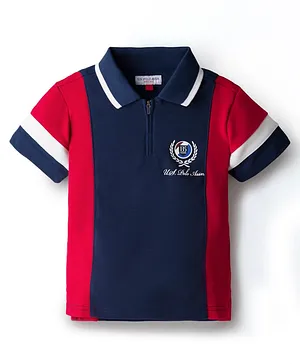 US Polo Assn Cotton Knit Half Sleeves Waffle Textured Colorblock Polo T-Shirt with Brand Name Print - Navy Blue & Red