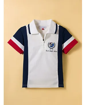 US Polo Assn Cotton Knit Half Sleeves Waffle Textured Colorblock Polo T-Shirt with Brand Name Print - Navy Blue & White