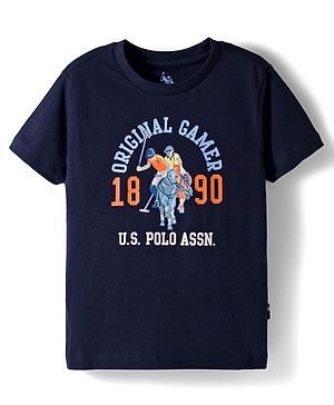US Polo Assn Cotton Knit Half Sleeves T-Shirt with Brand Name Print - Navy  Blue