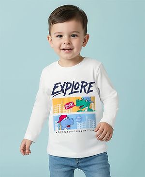 Babyhug 100% Cotton Knit Full Sleeves T-Shirt with Dino & Explore Text Print - White