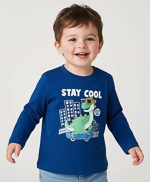 Babyhug 100% Cotton Knit  Full Sleeves T-Shirt with Stay Cool & Dino Print - Navy Blue