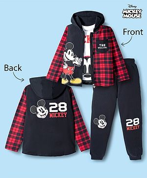 Pine Kids Disney Terry Knit Full Sleeves Hooded Sweatjacket T-Shirt and Joggers with Mickey Mouse Graphics - Red & Black