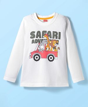 Babyhug 100% Cotton Knit Full Sleeves T-Shirt with Safari Text & Animal Print - White