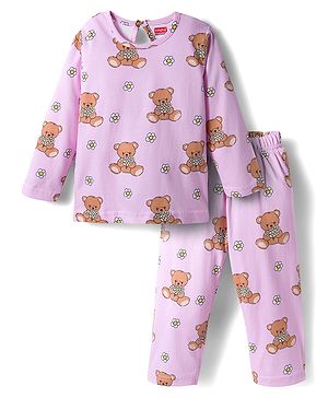 Babyhug Cotton Knit Full Sleeves Co-ords Night Suit With Bear Print - Pink
