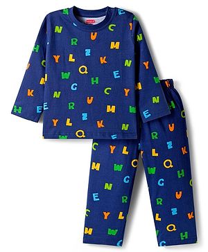 Babyhug Cotton Knit Full Sleeves Co-ords Night Suit With Alphabets Print - Navy Blue