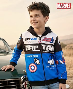 Pine Kids Marvel Terry Knit Full Sleeves Hooded Sweatjacket with Avengers Graphics & Badge Detailing - Blue