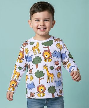 Babyhug 100% Cotton Knit Full Sleeves T-Shirt with Animal Print - White