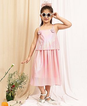 NEUDIS Woven Sleeveless Floral Applique Detailed  & Holographic Dress  - Pink