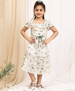 NEUDIS Cotton Blend Woven Cap Sleeves Bow Print Tiered  Dress - Green