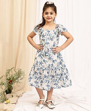 NEUDIS Cotton Blend Woven Half Sleeves Sealife Printed Tiered Dress - Sky Blue