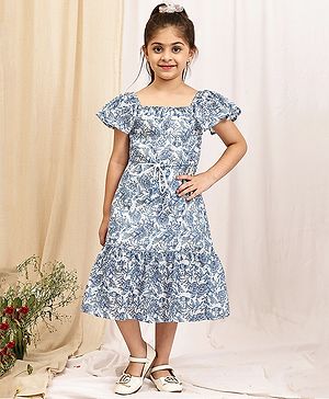 NEUDIS Cotton Blend Woven Cap Sleeves Floral Printed Tiered Dress - Blue & White