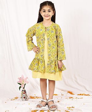 NEUDIS Cotton Blend Woven Solid Dress With Full Sleeves Floral Printed Shrug- Yellow