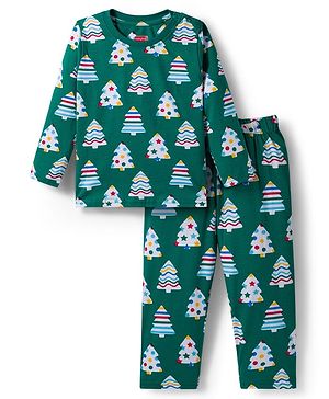 Babyhug Cotton Knit Full Sleeves Co-ord Night Suit with X-Mas Tree Print - Green