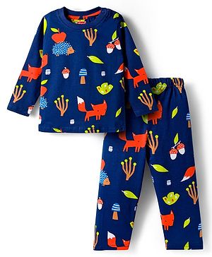 Babyhug Cotton Knit Full Sleeves Co-ord Night Suit With Fox Print - Navy Blue