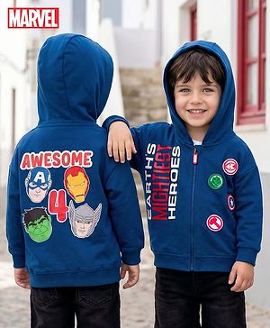Babyhug Marvel Terry Knit Drop Shoulder Full Sleeves Hooded Sweatjacket with Front and Back Avengers Graphics - Navy Blue