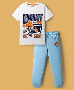 Kookie Kids Single Jersey Knit Half Sleeves Night Suit with Dominate Text Print - Light Blue & White