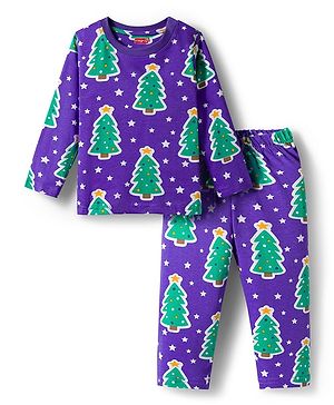 Babyhug Cotton Knit Full Sleeves Co-ords Night Suit with Christmas Print - Purple