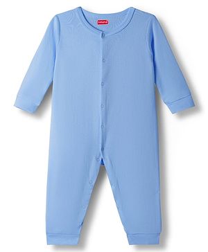 Babyhug 100% Cotton Knit Full Sleeves Solid Color Romper - Light Blue