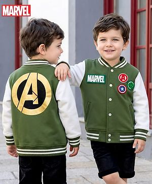 Babyhug Marvel Terry Knit Full Sleeves Bomber Jacket with Avengers Badge Detailing & Kangaroo Pocket - Green