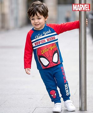 Babyhug Marvel Single Jersey Knit Full Raglan Sleeves Night Suit With Spider Man Graphics - Red & Blue