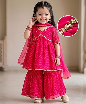 Babyhug Georgette Woven Three Fourth Sleeves Kurta Gharara & Dupatta Set With Sequin Detailing - Fuschia