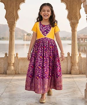 Pine Kids Woven Half Sleeves Shrug & Ethnic Gown with Floral Foil Print - Purple & Mustard