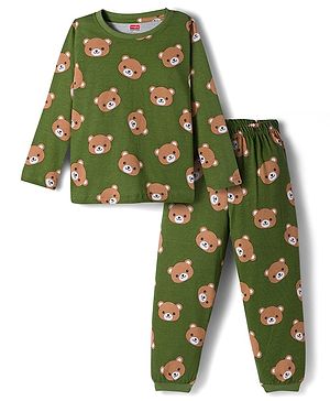 Babyhug Cotton Knit Full Sleeves Co-ords Night Suit With Animal Print - Green
