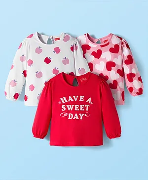 Babyhug 100% Cotton Knit Full Sleeves T-Shirts with Text Apple & Heart Print Pack of 3 - White Pink & Red