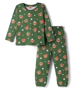 Babyhug Cotton Knit Full Sleeves Co-ords Night Suit With Animal Print - Green