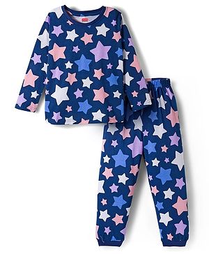Babyhug Cotton Knit Full Sleeves Co-ords Night Suit With Star Print - Blue