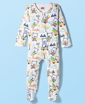 Babyhug Cotton Knit Full Sleeves Footed Sleep Suit with Beach Theme Print - White