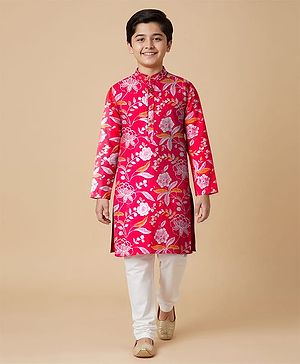 Pine Kids Cotton Woven Full Sleeves Kurta Pajama Set With Floral Print - Red