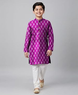 Pine Kids Cotton Woven Full Sleeves Kurta Pajama Set With Floral Print - Purple